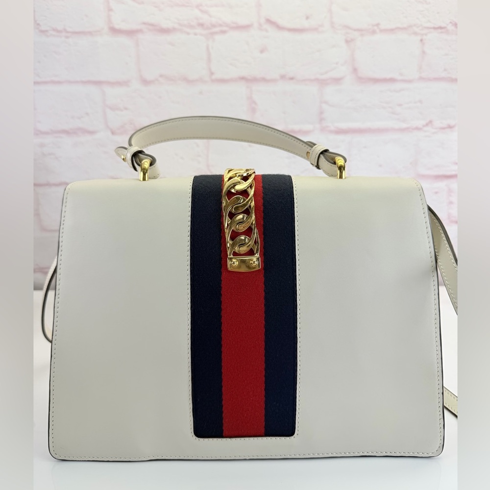 Gucci Sylvie Top Handle Web Chain White Leather Bag Medium - Picture 3 of 16